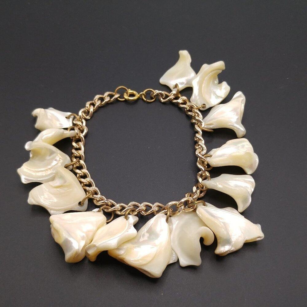 Vintage Mother of Pearl Charm Bracelet Gold Tone Dangle 1950s 8 Inch